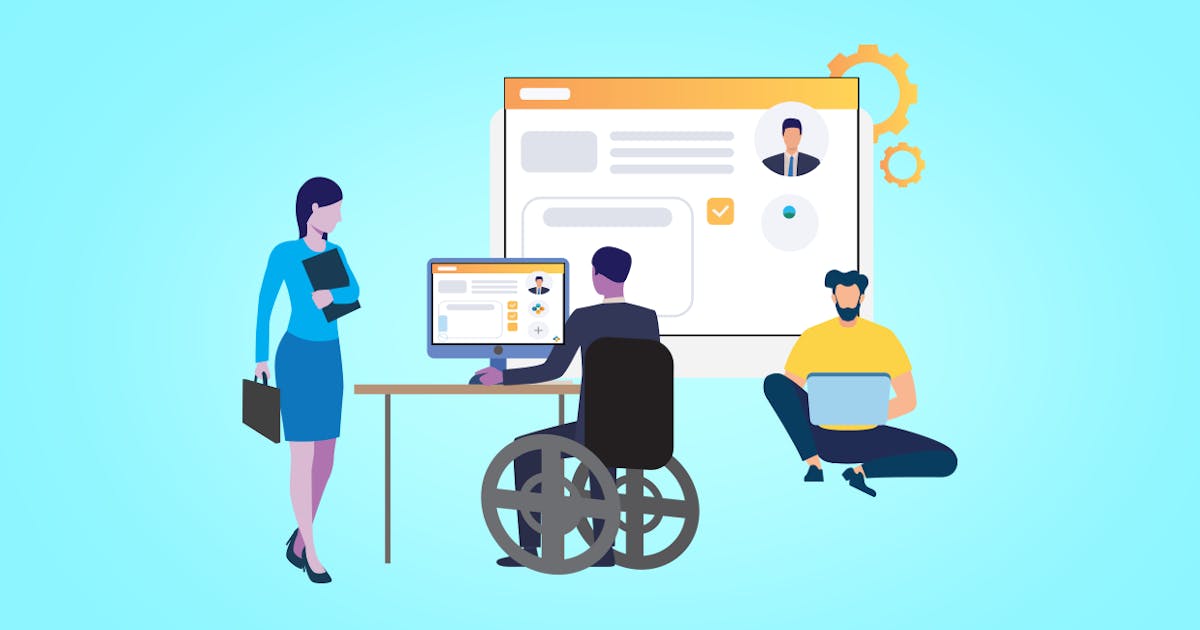 Illustration of men and women working on computers