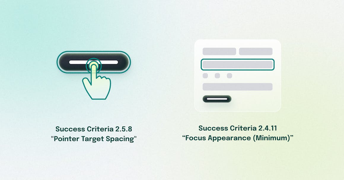 A pointer clicking on a button to represent WCAG SC 2.5.8: Pointer Target Spacing, next to a bold green focus indicator on a button to represent WCAG SC 2.4.11: Focus Appearance (Minimum).