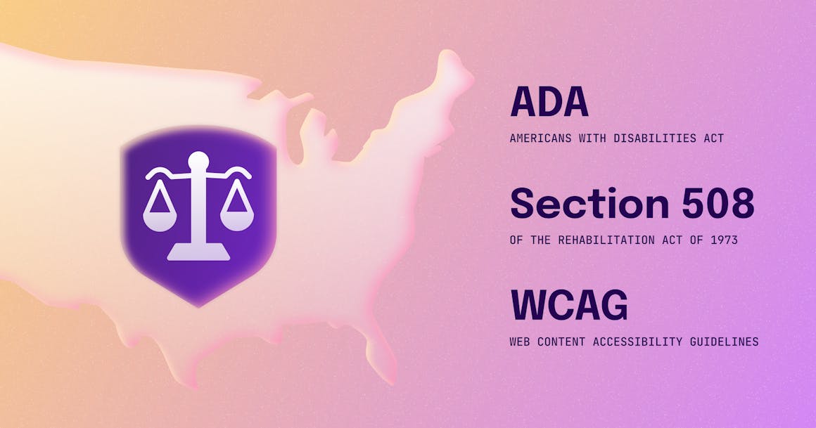 A map of the United States behind an icon of a set of scales. On the right, there is a list of accessibility laws and technical standards