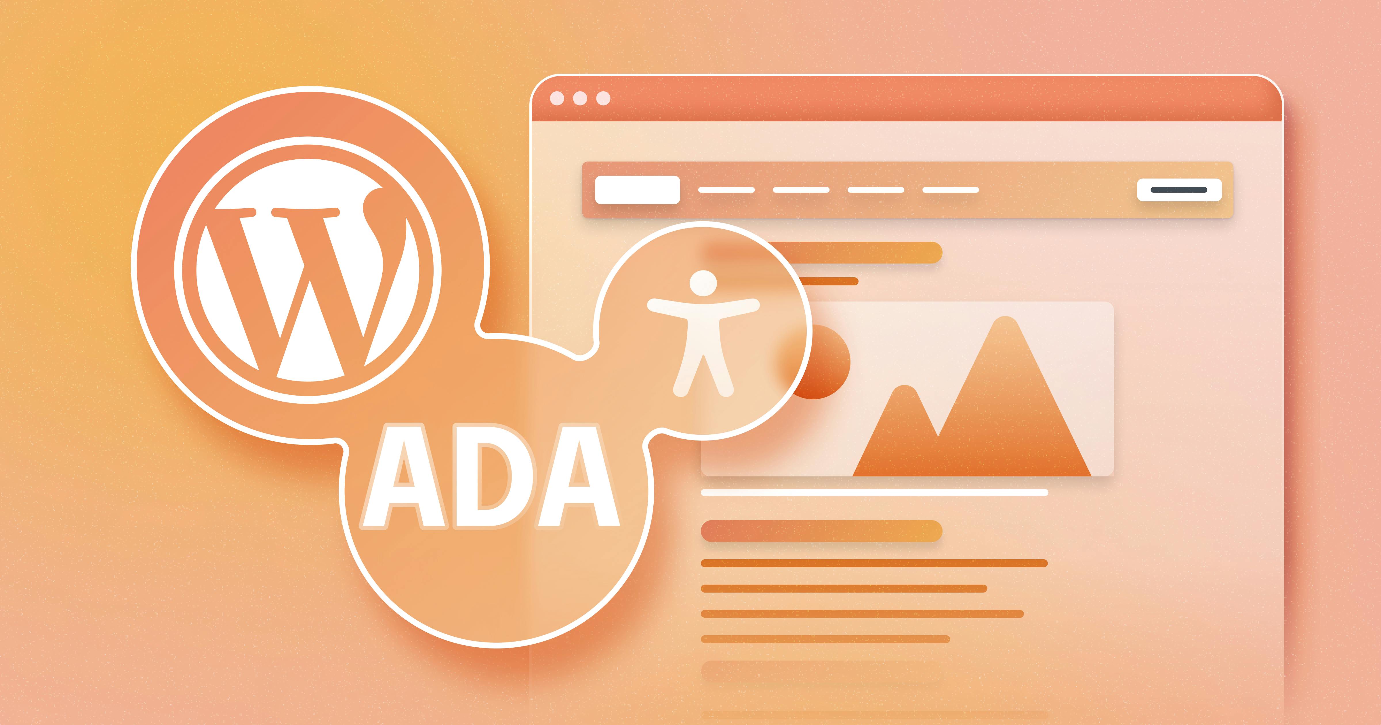 The WordPress logo next to the label ADA and an accessibility icon, with a stylized web page in the background