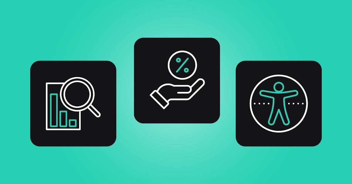 A graphic depicting a magnifying glass over a chart to indicate looking at data, a hand holding a percentage to indicate statistics, and a person in a circle to indicate the focus on website users.