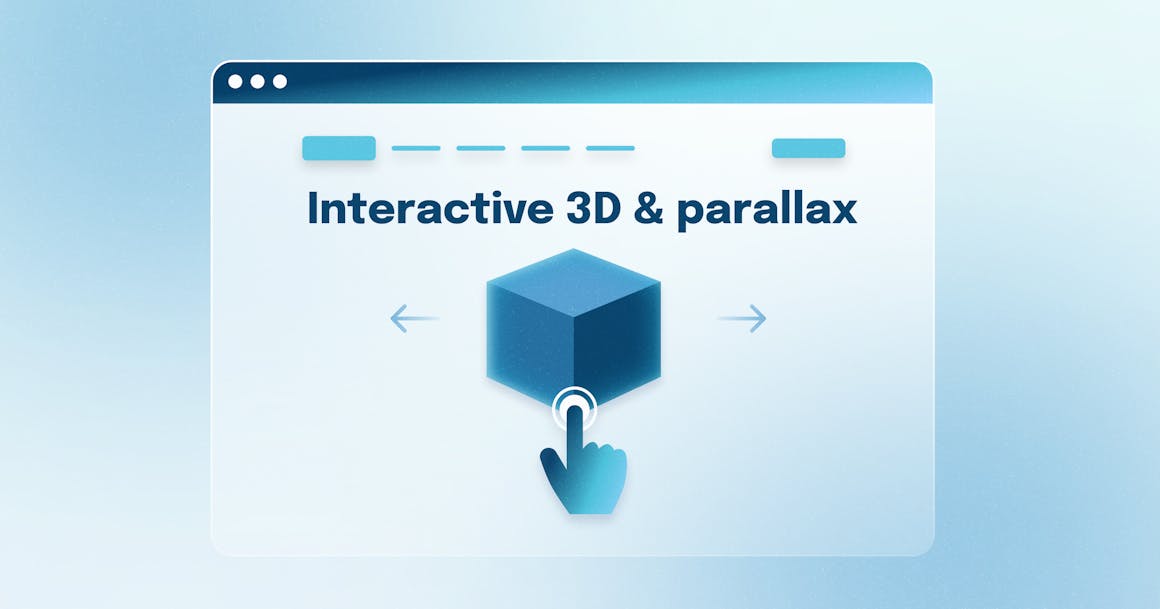 A stylized website that says "Interactive 3D & Parallax" at the top, with a 3D image beneath that is being manipulated by a cursor.