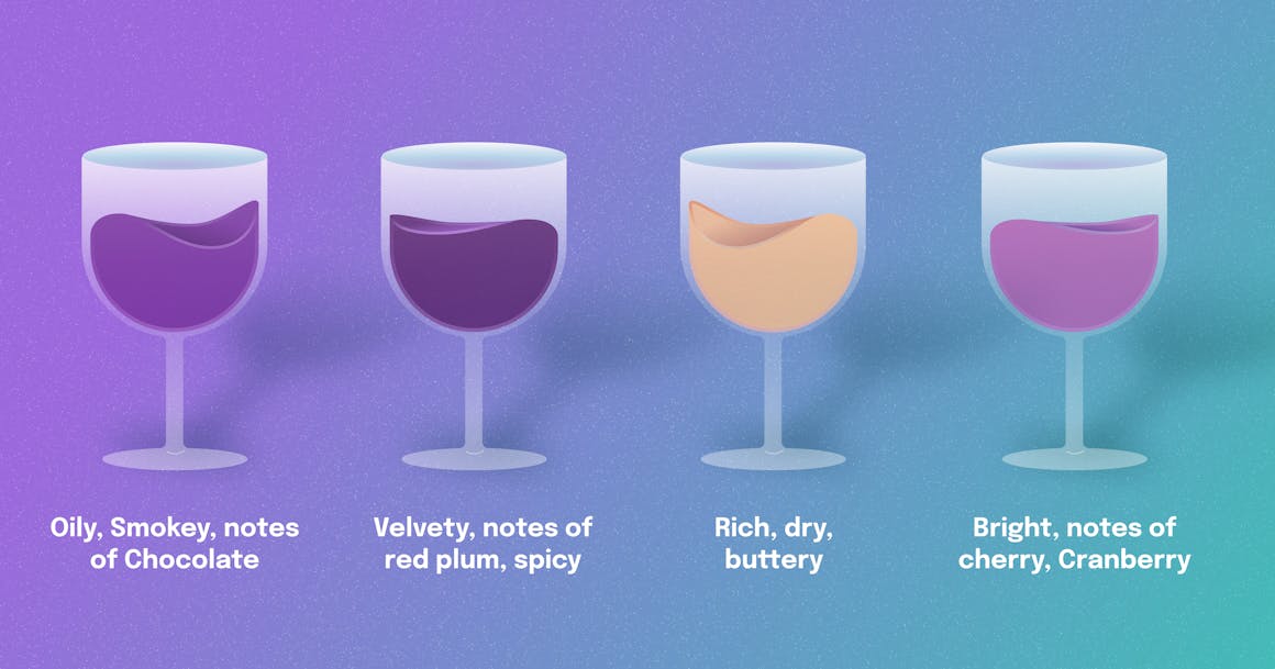 Four glasses of wine, each with their own tasting notes.