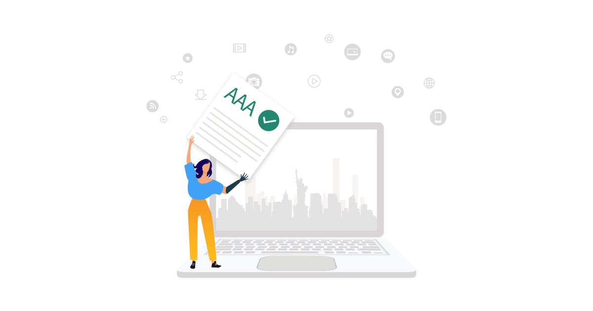 Illustration of woman holding AAA sign in front of life-sized computer screen.