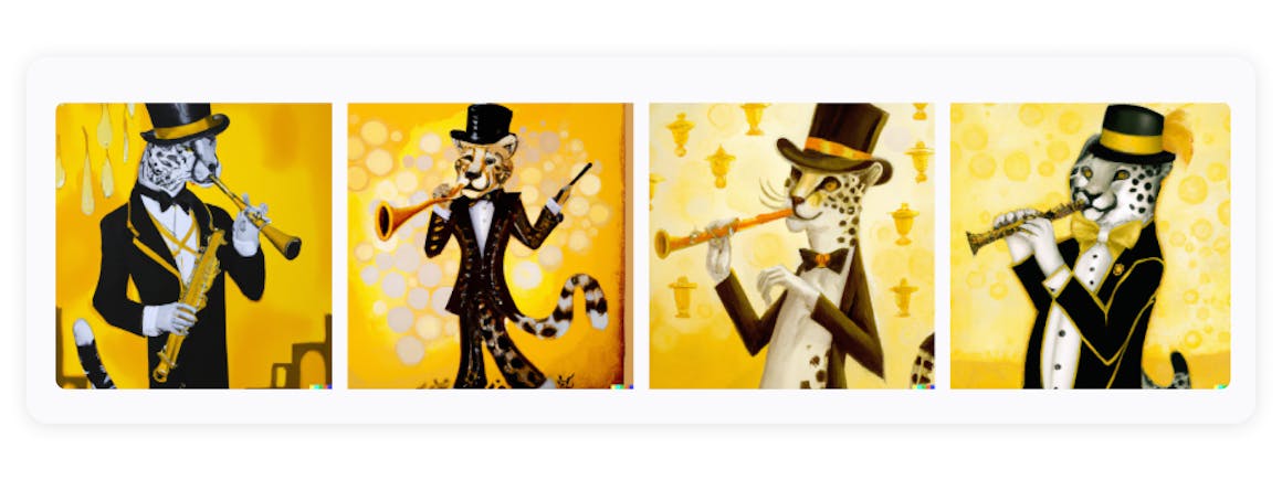 A series of paintings of leopards playing the flute. Each painting has a yellow background.