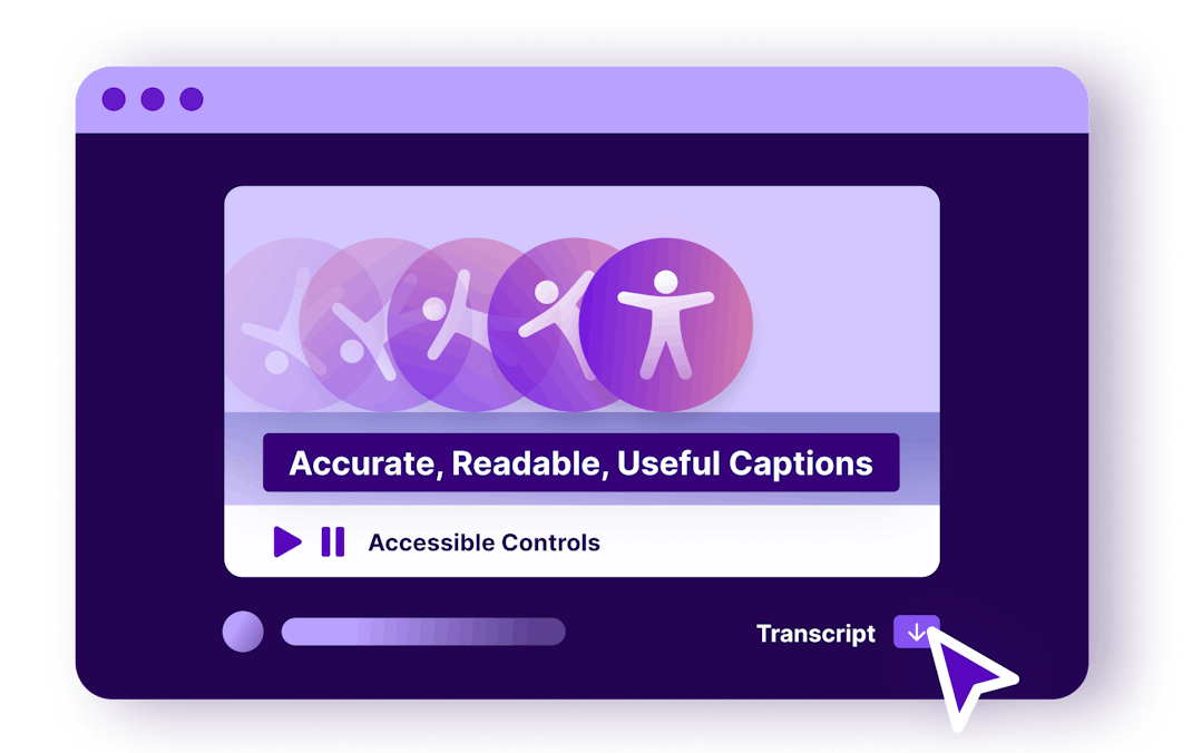 Stylized browser window with video playing, showing accessible video controls like closed captioning, play/pause, and transcript download