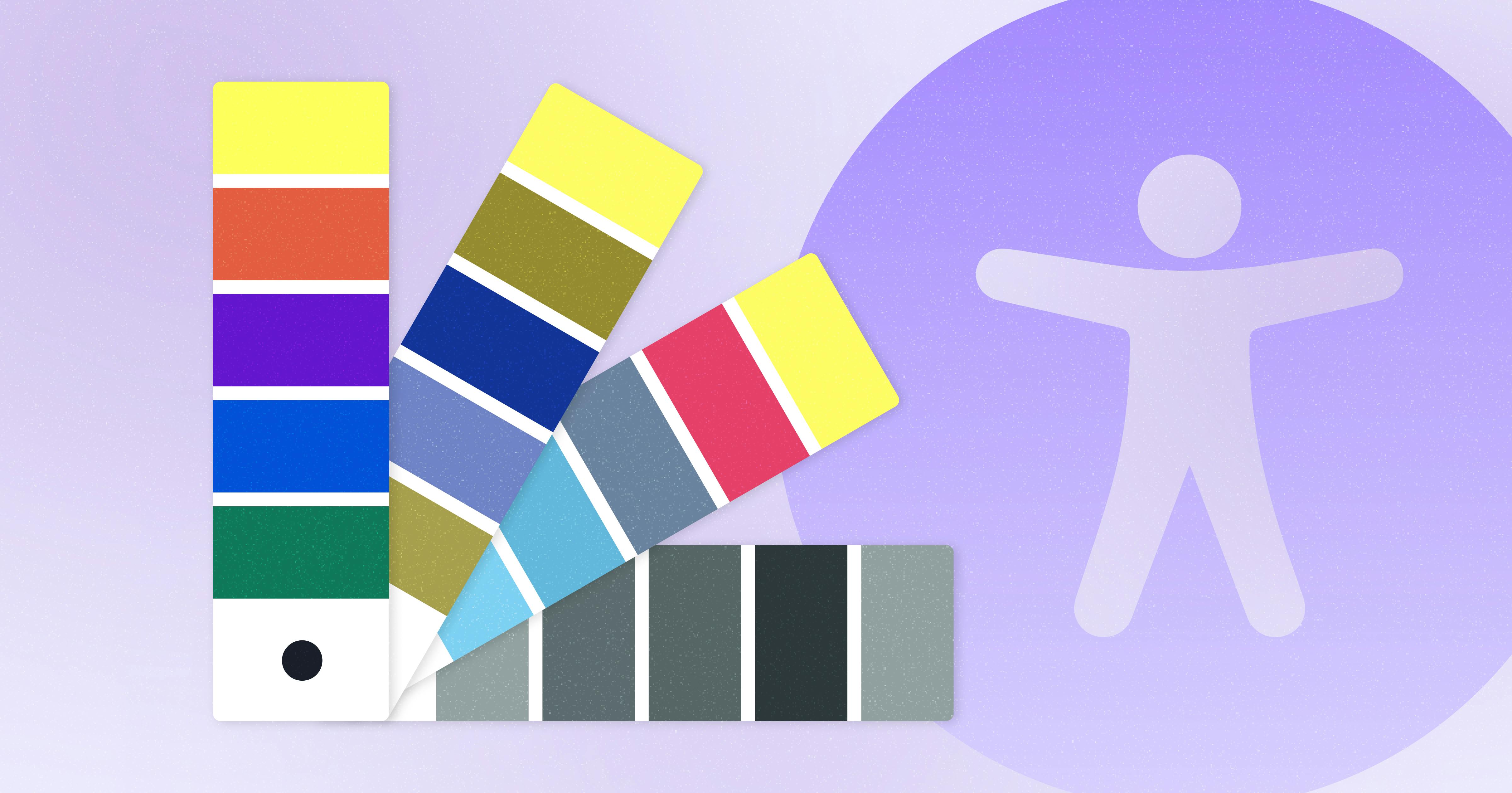 Four paint swatches with different color schemes fanned out next to an accessibility symbol.