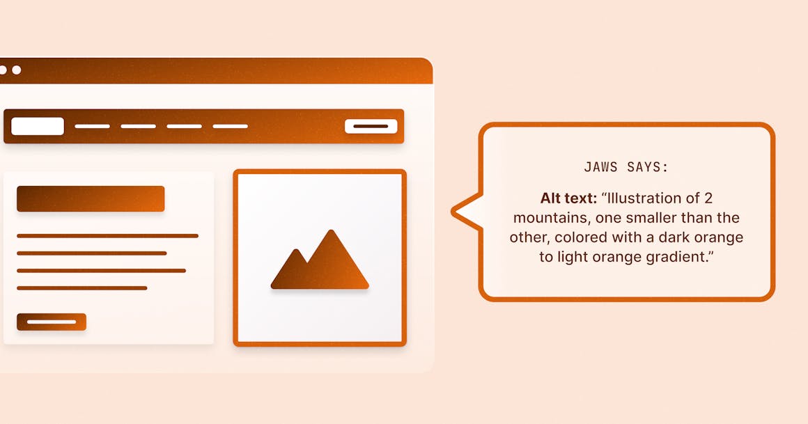 A stylized web page, with the focus on an image and a caption that reads: "Alt text: "Illustration of 2 mountains, one smaller than the other, colored with a dark orange to light orange gradient."