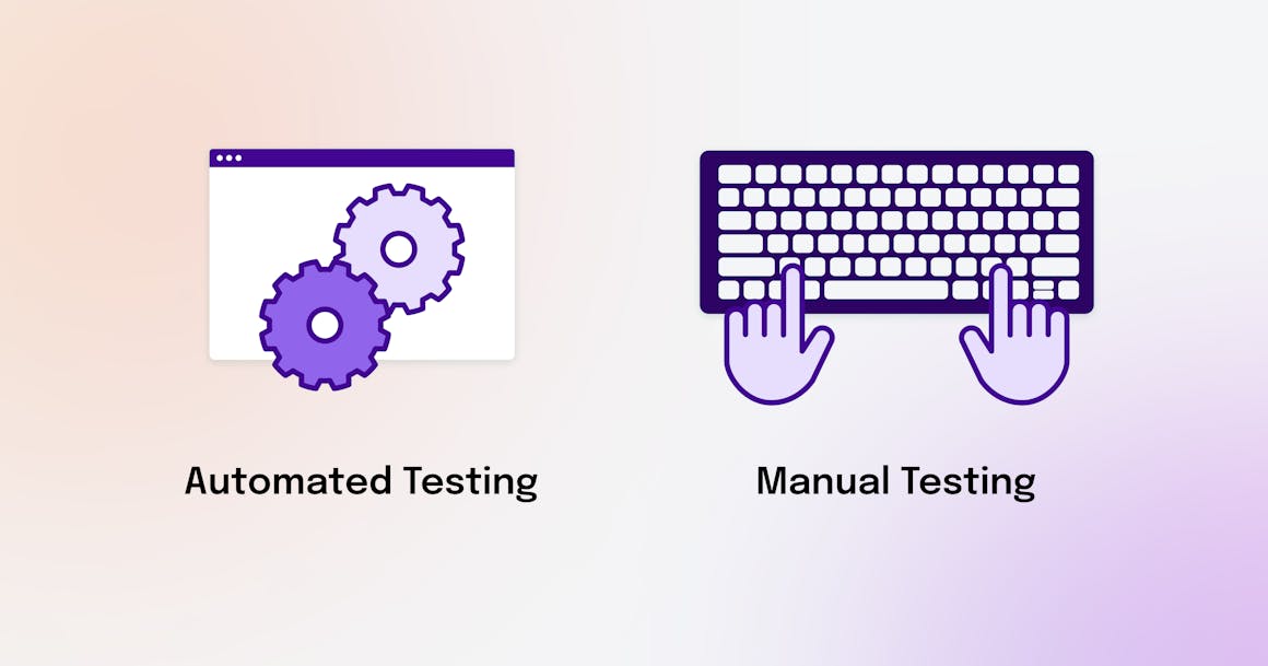 Internet browser with gears labelled Automated Testing and a keyboard labelled Manual Testing