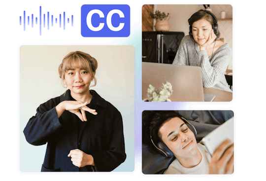 Collage of 3 users with different accessibility needs enjoying closed captioned video