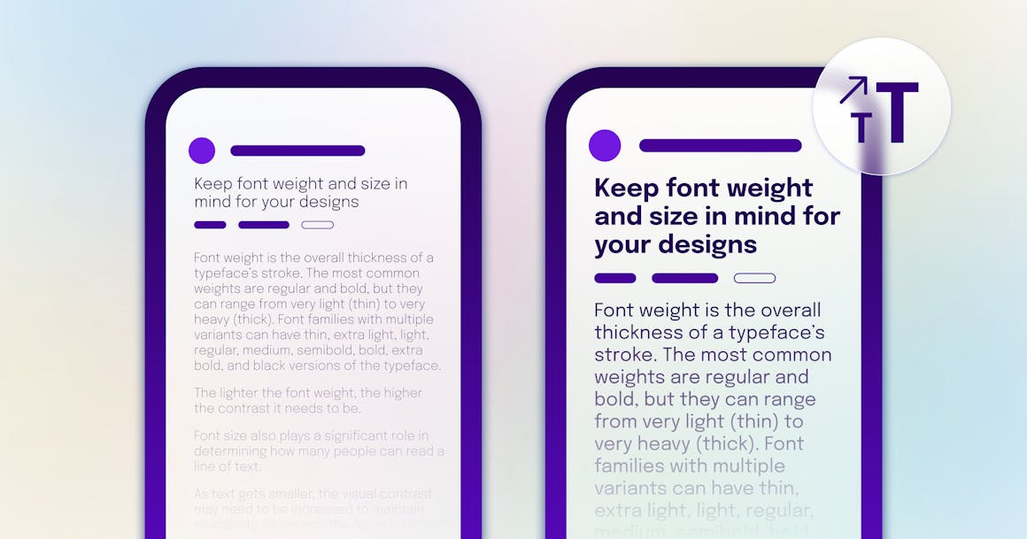 A comparison between a webpage that uses thin, small font and one that uses larger, bolder font.