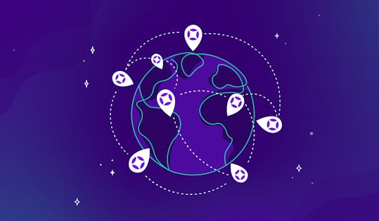 Globe with drop pins scattered throughout with AudioEye logos on them