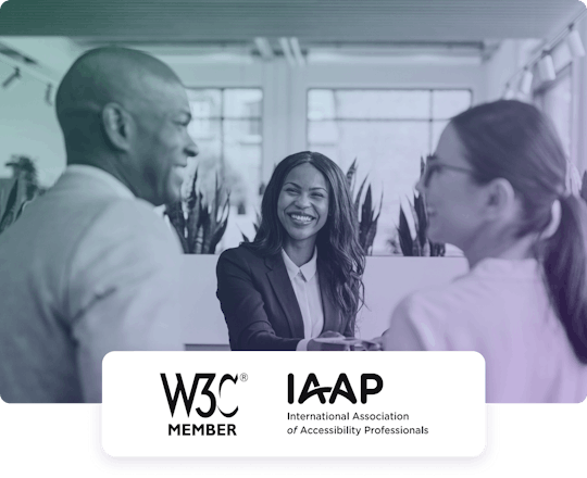Three business people smiling and sharing document papers with the W3C Member badge and IAAP International Association of Accessibility Professional logo