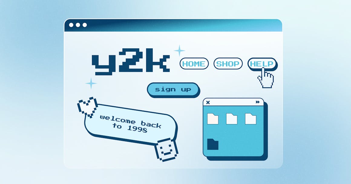 A stylized website that reads "Y2K" at the top, next to pixelated icons and different elements scattered around the page.