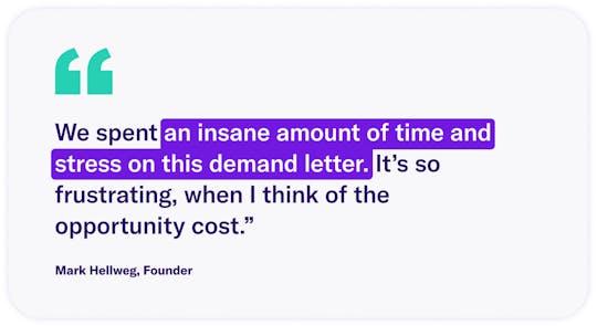 Quote by Mark, "We spent an insane amount of time and stress on this demand letter. It's so frustrating, when I think of the opportunity cost."