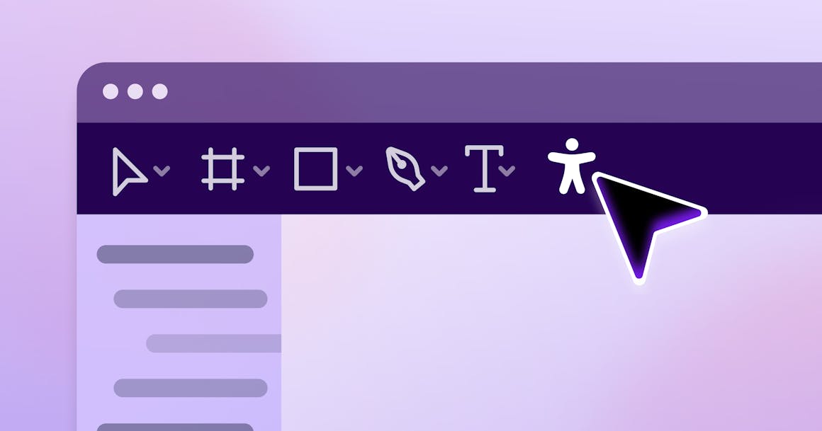 A stylized web browser, with a cursor pointing at an accessibility icon that is part of a designer's toolbar