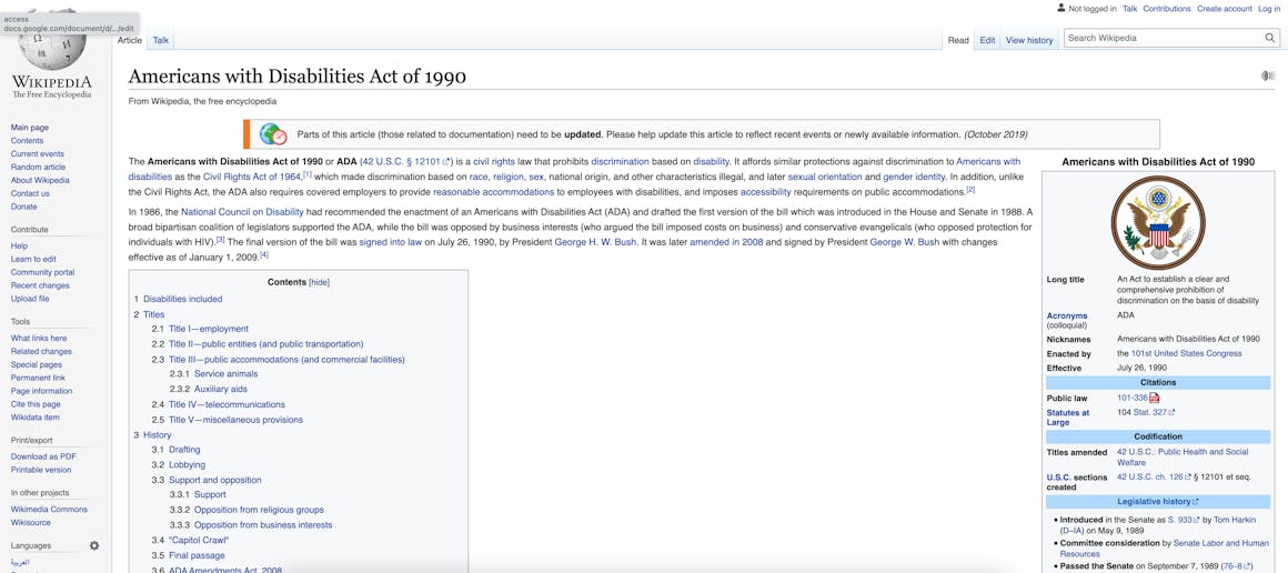 The Wikipedia page for the Americans with Disabilities Act. The table of contents is visible at the top.