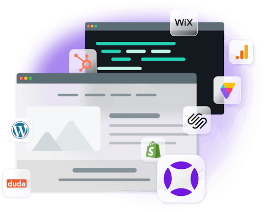 Two web browsers with app icons for wix, hubspot, volusion, google tag manager, squarespace, shopify, wordpress, duda, and audioeye.
