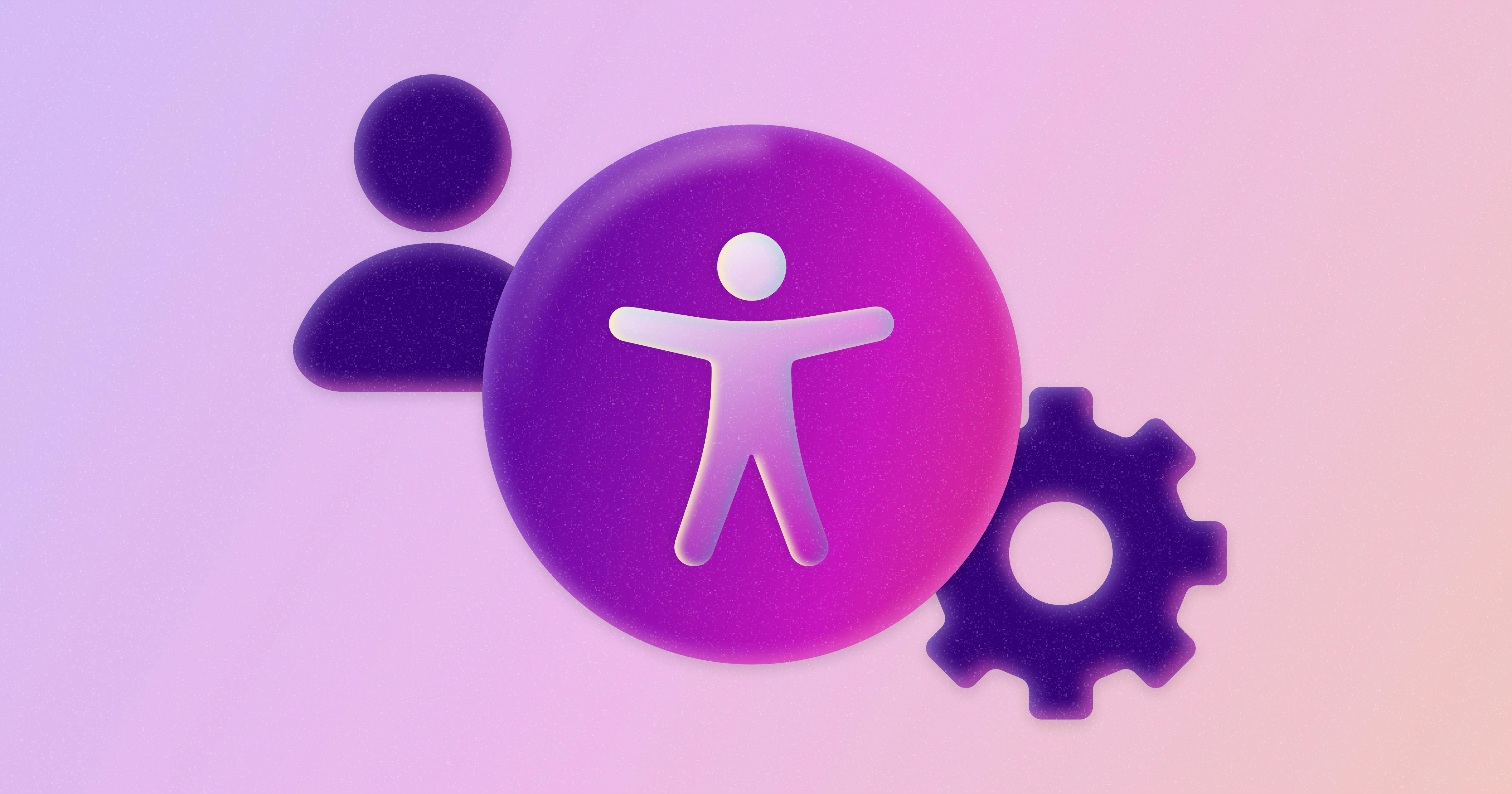 A purple accessibility symbol, with an icon of a person on the left and a gear on the right.