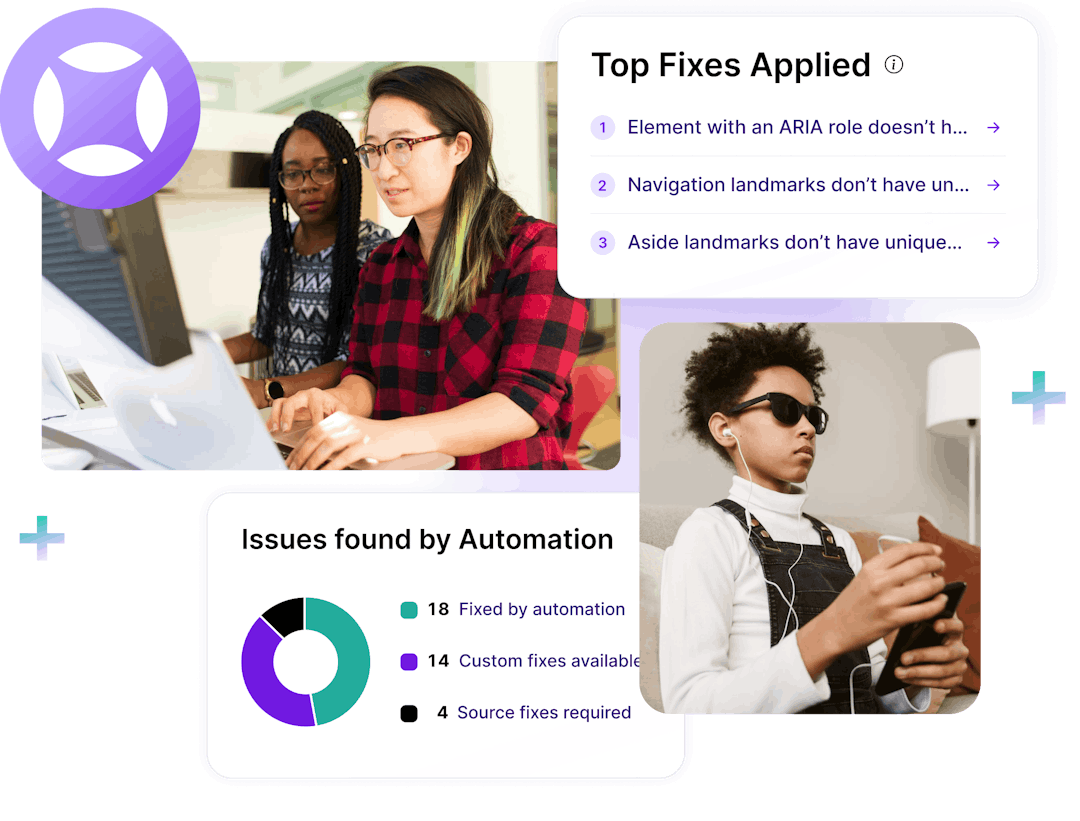 Blind boy using phone through screen reader, two women using computer and a graphic talking about accessibility fixes applied