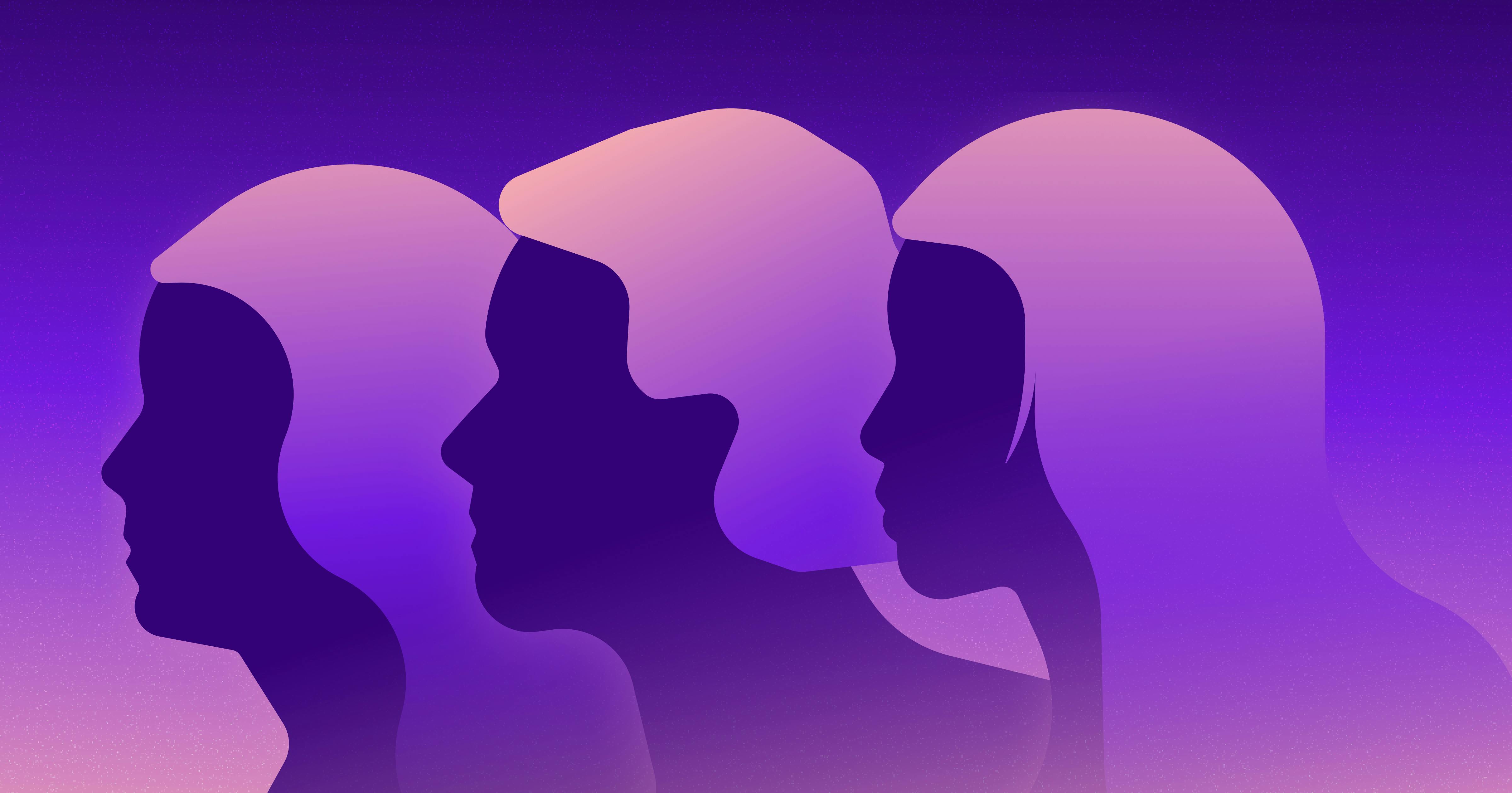 Purple and pink silhouettes of three women looking to the right.
