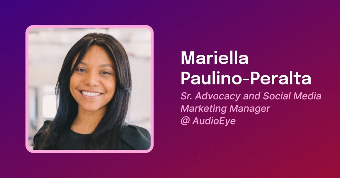 Framed photo of Mariella Paulino-Peralta, an Afro-Latina woman with shoulder-length black hair, smiling. Text reads "Mariella Paulino-Peralta, Senior Advocacy and Social Media Marketing Manager @ AudioEye."