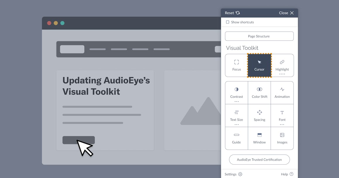 Website with the AudioEye Visual Toolkit tool open on top of the site with the Cursor option selected and an oversized cursor on the web page.