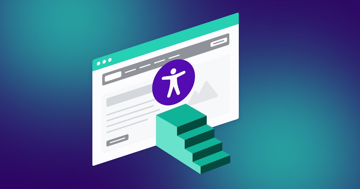 A series of steps that lead up to a stylized web browser with an accessibility icon in the middle.