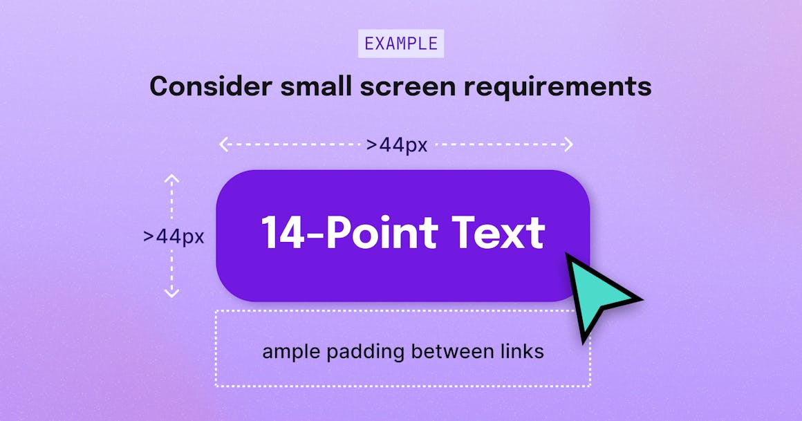 A mocked-up CTA that shows accessibility best practices for font size and padding, next to the label "Consider small screen requirements"