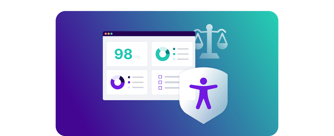 Stylized AudioEye dashboard with pie charts and a score of 98/100 with a legal scale icon and a shield with an accessibility symbol on top