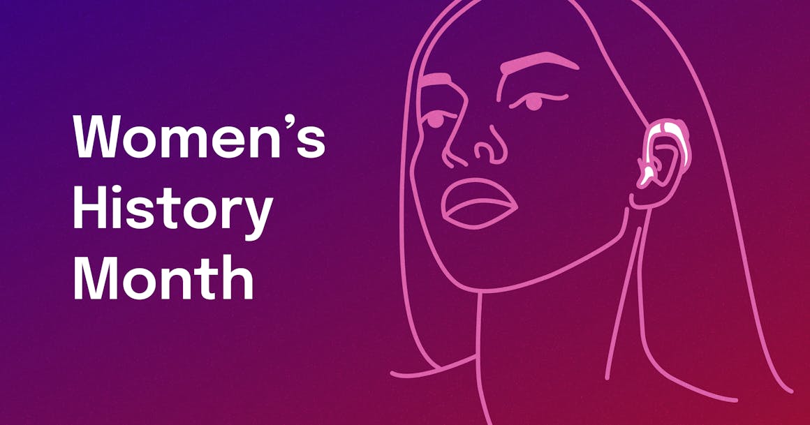 "Women's History Month." A stylized line drawing of a woman's profile with a hearing aid. 