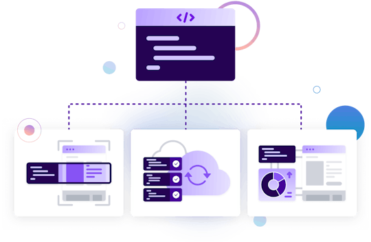 Illustration of a coding window sending data to 3 separate tools below, the first tool scanning a page, the second uploading fixes to the cloud, and the third tool loading the fix data into a report