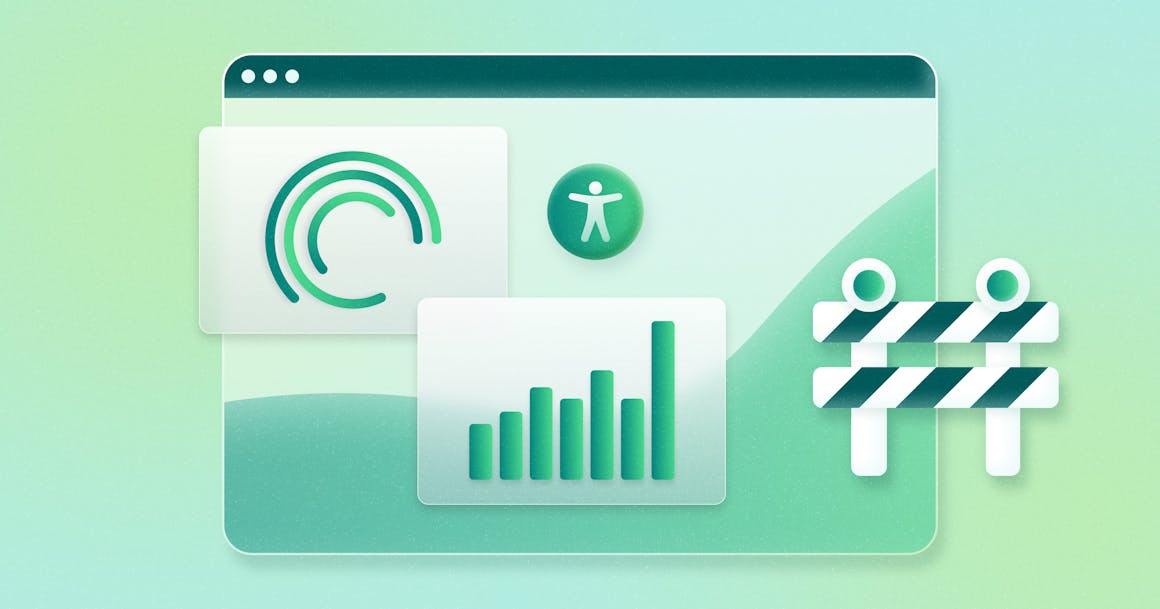 A dashboard that shows a number of charts and reports, next to a green accessibility symbol and a traffic barricade.