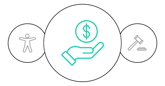 Illustration of colorful circles surrounding an icon of a hand holding a dollar sign