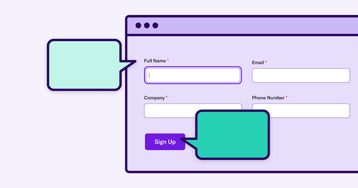 Sign up form and screen reader speaking bubbles