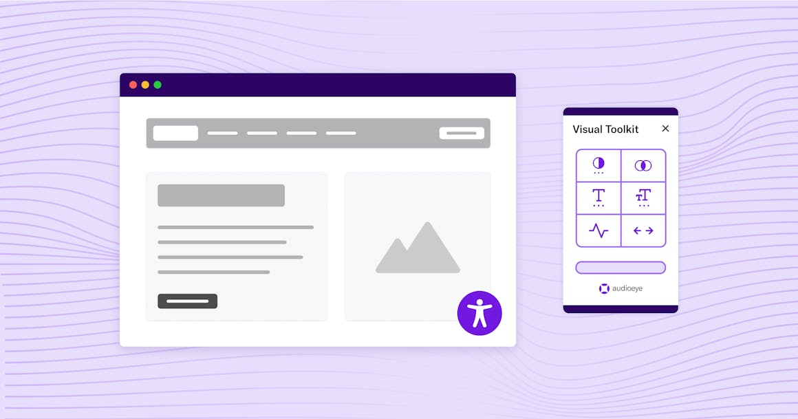 A stylized web page with an accessibility symbol at the bottom, next to a graphic of AudioEye's Visual Toolkit.