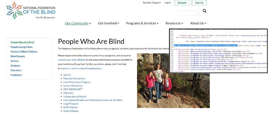 National Federation of the Blind homepage screenshot with code