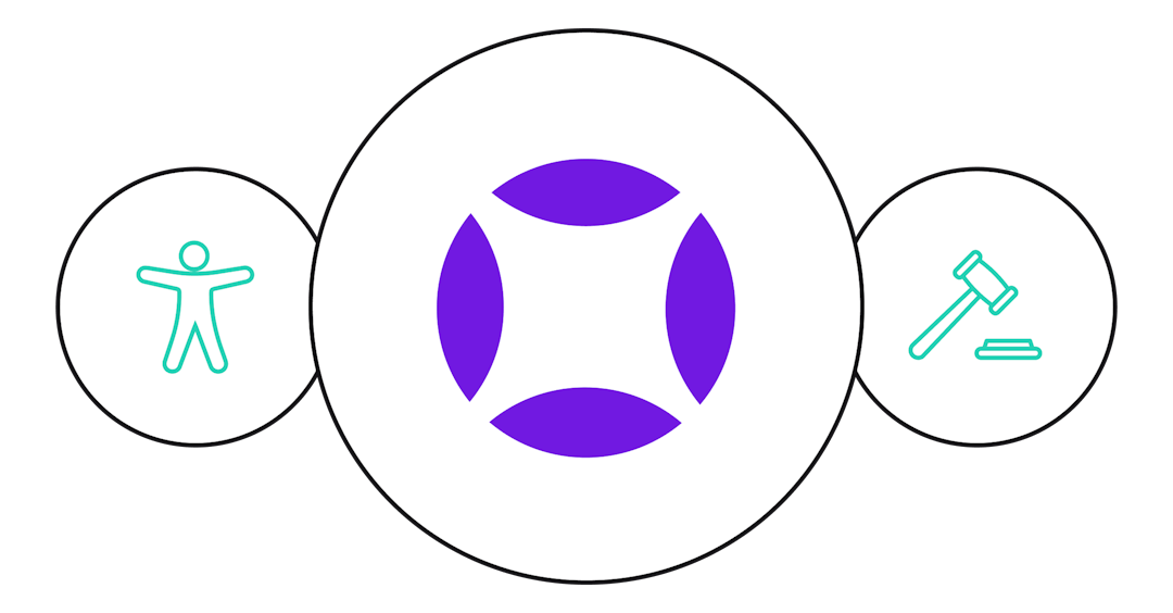 Illustration of a accessibility icon and a gavel and shield to represent web accessibility compliance