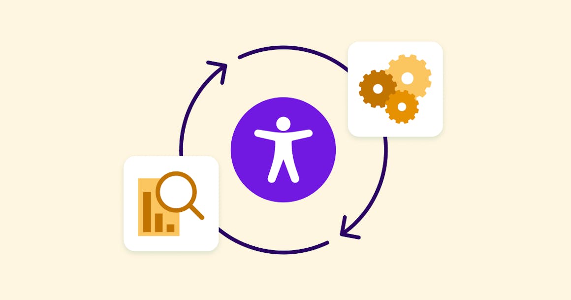 Purple A11y icon with an orange gears and a magnifying glass