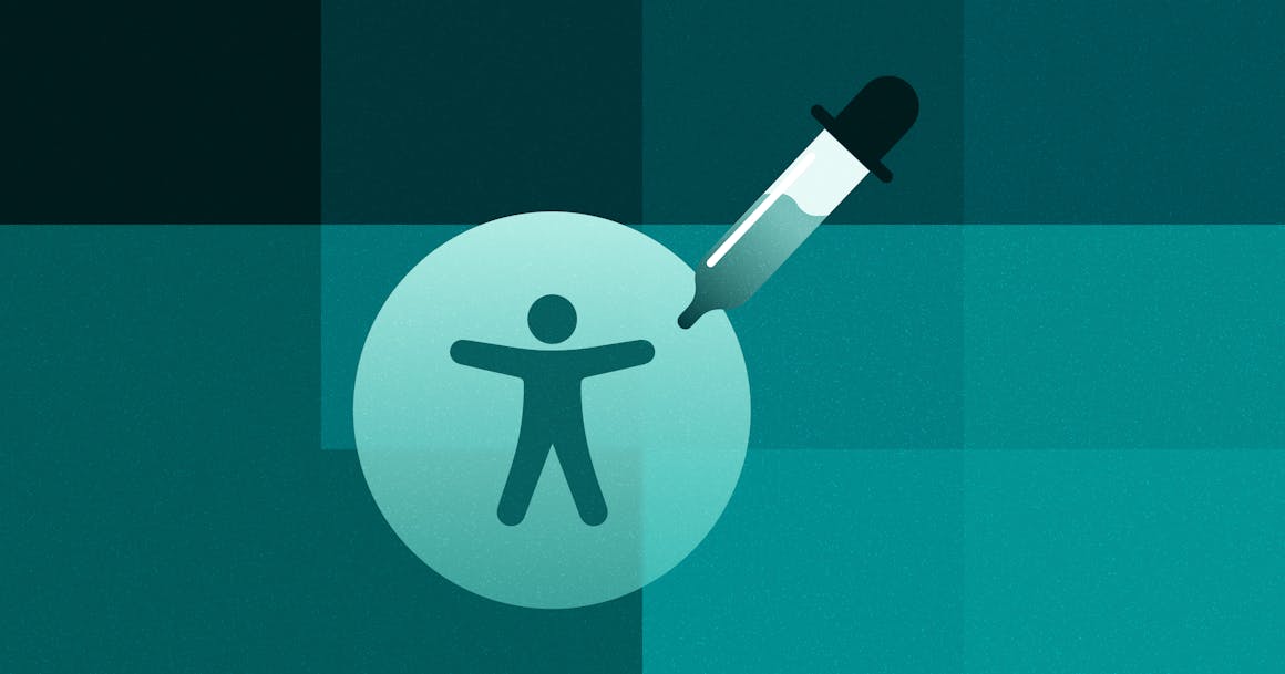Blue pixelated background with accessibility symbol in the middle and a color dropper on top.
