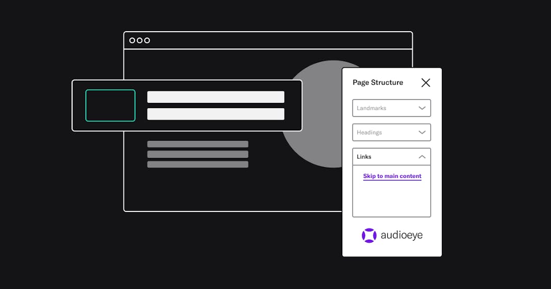 Illustration of a web browser with an AudioEye toolbar open that shows the option to skip to main content