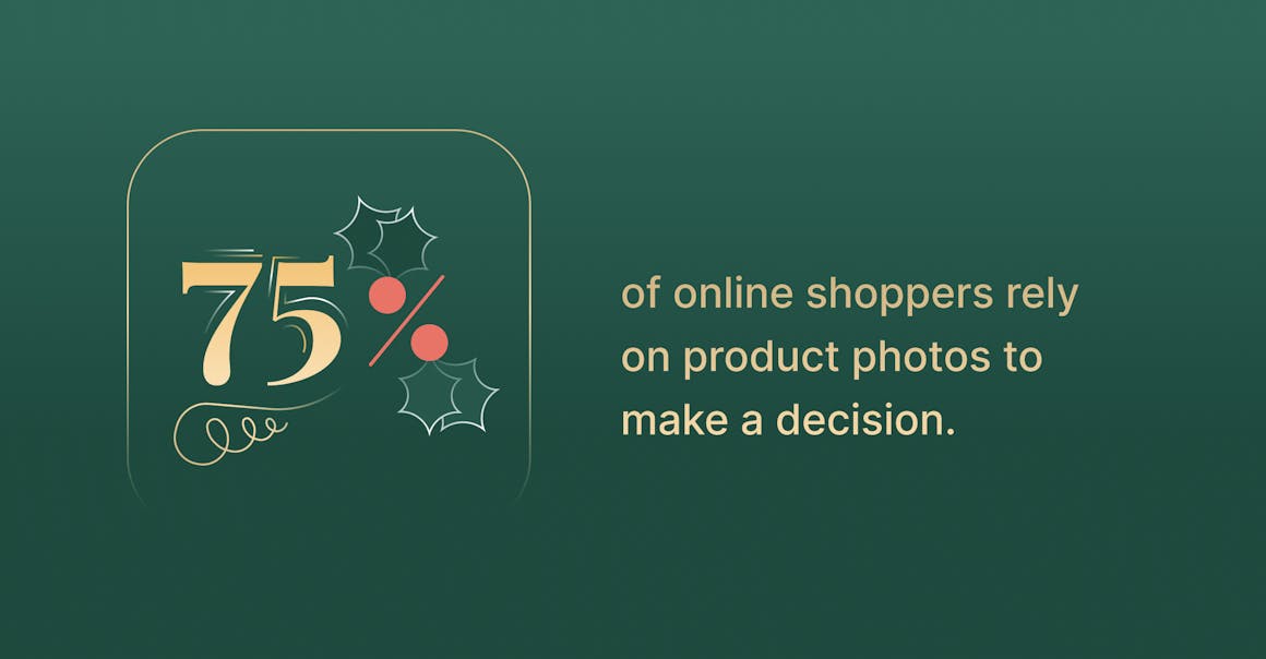 A holly leaf in the shape of a percent sign, as part of a stat that reads "75% of online shoppers rely on product photos to make a decision."