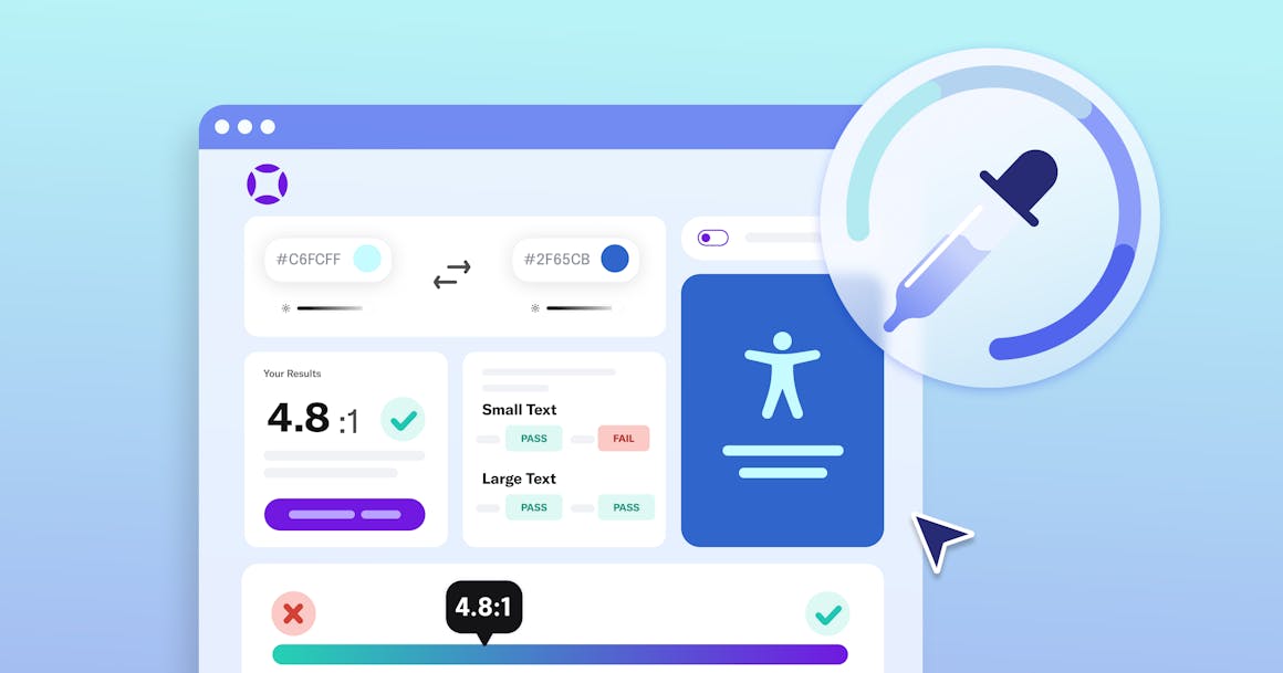 A stylized dashboard that shows a web design with a color contrast ratio of 4.8:1, next to an eyedropper icon