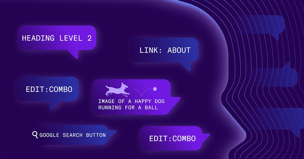 A silhouette of a person's face, with different speech bubbles (like "Heading Level 2" and "Image of a happy dog running for a ball") floating around their brain.