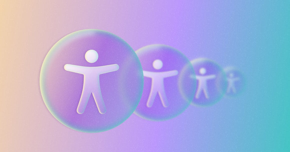 A series of four accessibility symbols fading into the distance, against a rainbow gradient background.