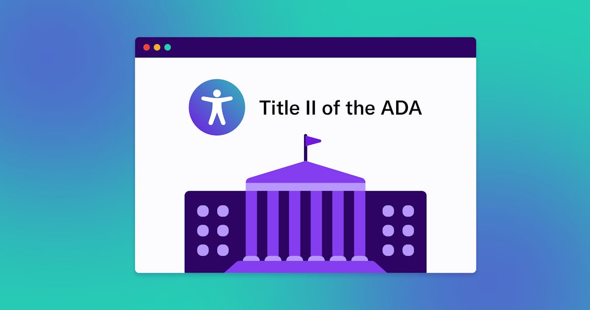 web browser with a government building, an accessibility icon, and the words "title ii of the ada"