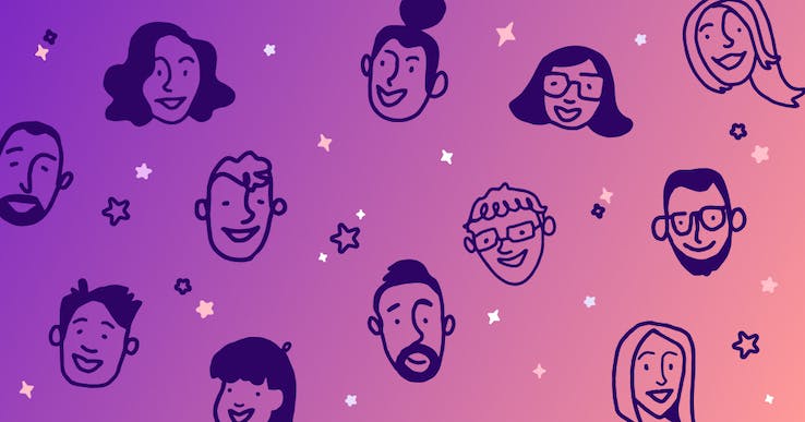 Illustrated faces with small stars on a purple and pink background