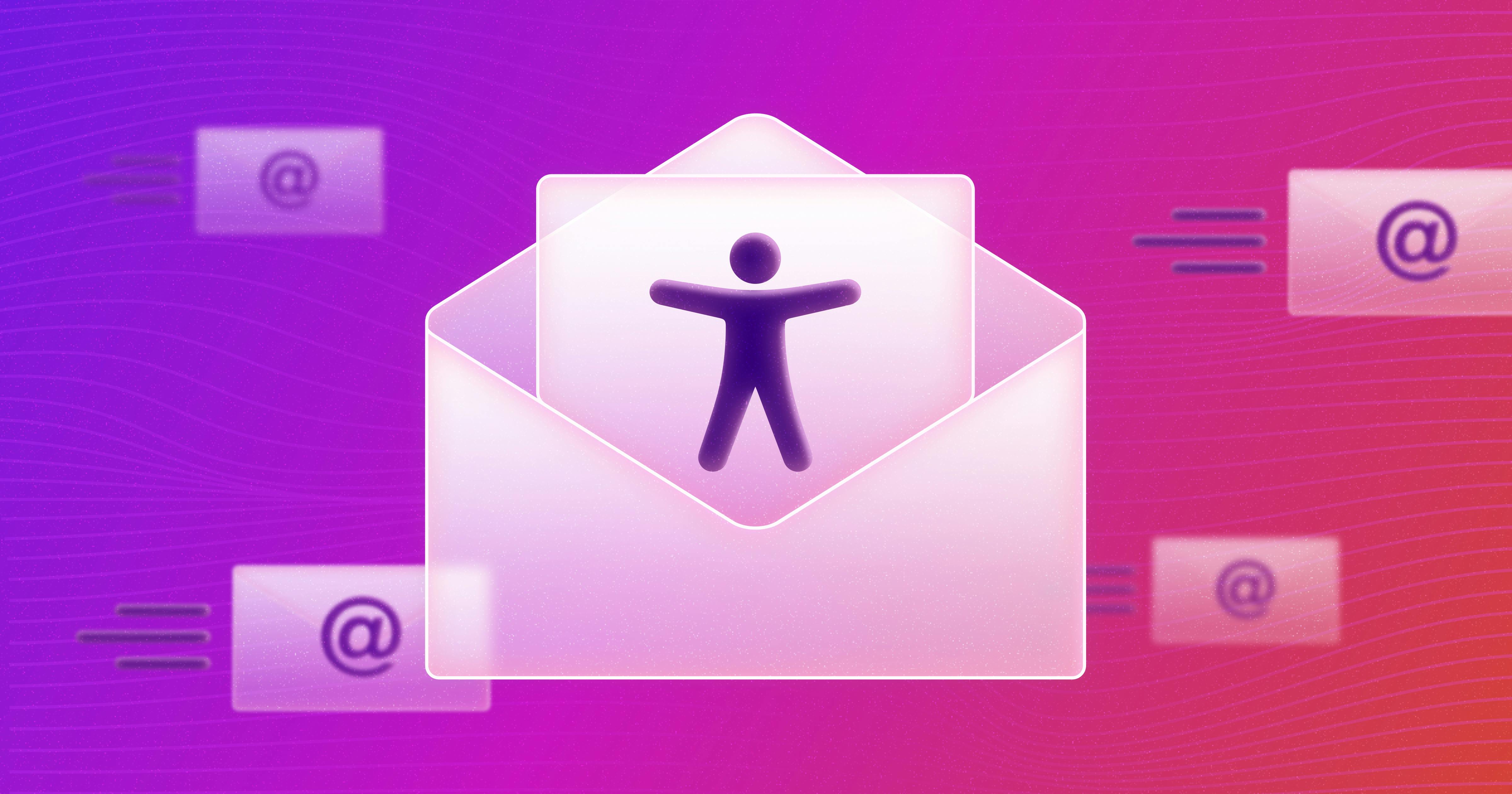 An accessibility icon inside a stylized envelope, surrounded by envelopes with at sign icons that represent emails being delivered.