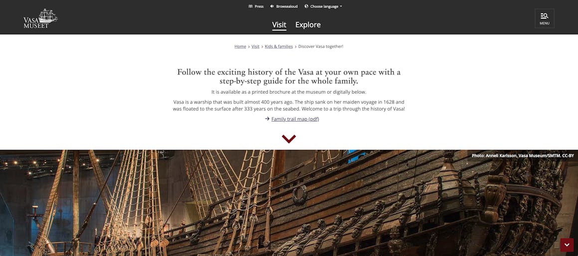A series of breadcrumbs that read Home > Visit > Kids & families > Discover Vasa together! above a photo of an old wooden ship.