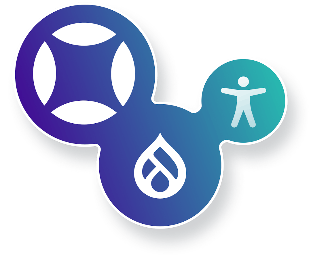 Drupal logo and AudioEye logo with accessibility symbol
